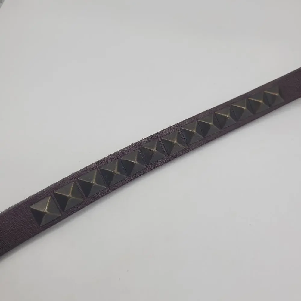 Brown Leather Belt Womens Medium Skinny Studded Brass Buckle Rock Goth Punk